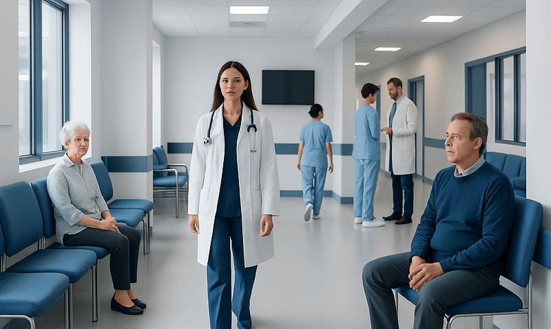 Medical staff and patients in a hospital corridor at Acibadem Hospitals Group.