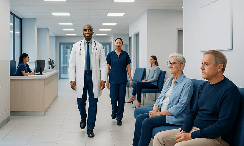 Medical professionals and patients in a hospital waiting area.
