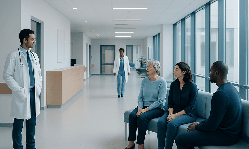 Medical consultation in hospital corridor with doctor and patients.