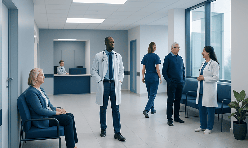 Medical professionals and patients in a hospital waiting area.