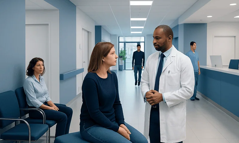 Doctor consulting with a patient in a hospital corridor.