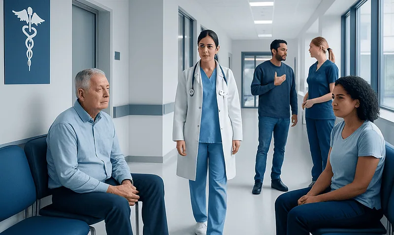 Medical consultation in hospital corridor with healthcare professionals and patient.