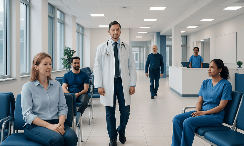Medical team in hospital waiting area with patients and doctor.