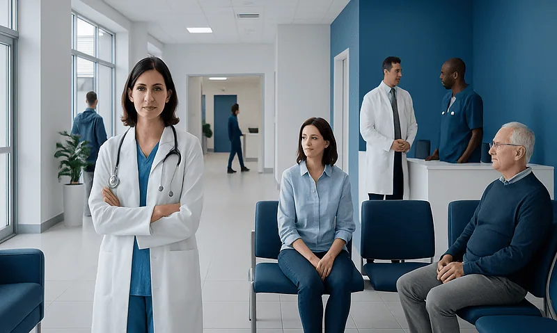 Healthcare professionals and patients in a modern hospital waiting area.