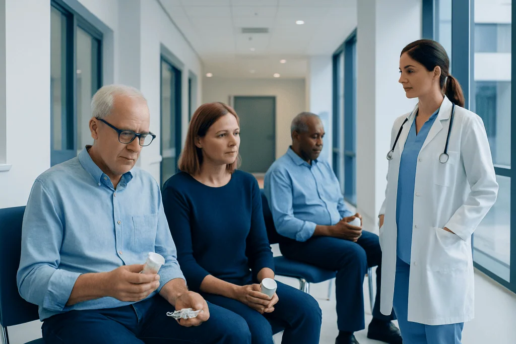 Taking Multiple Medications: How to Lower the Risk of Problems 1 Patients with medication bottles in a hospital waiting area with a healthcare professional.