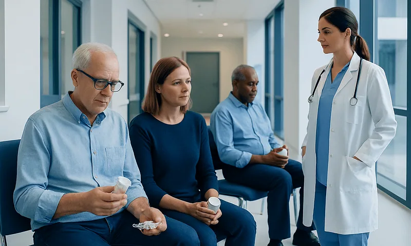 Patients with medication bottles in a hospital waiting area with a healthcare professional.