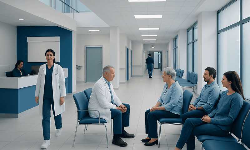 Patients waiting in a hospital corridor with medical staff nearby.