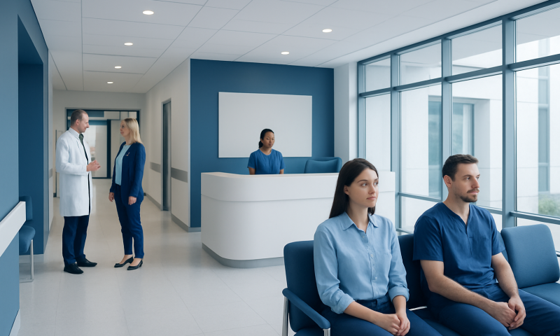 Modern hospital waiting area with patients and staff at Acibadem Hospitals Group.