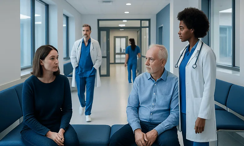 Hospital consultation with doctors and patient in a modern medical facility.