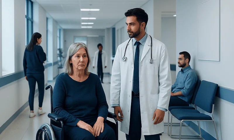 Doctor consulting with a female patient in a hospital corridor.
