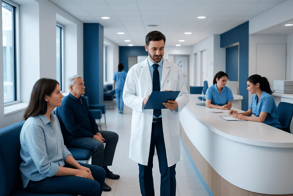When to Worry About Blood Test Results 1 Doctor consulting patients in a modern hospital waiting area.