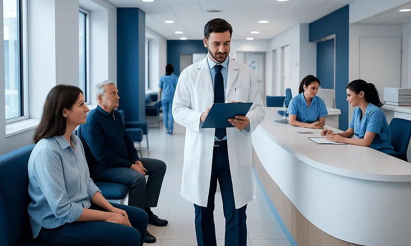 Doctor consulting patients in a modern hospital waiting area.