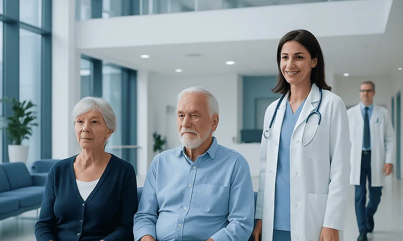 Ophthalmology consultation with elderly patients at Acibadem Hospital.