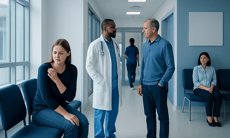 Doctor consulting with patient in hospital corridor with waiting patients.