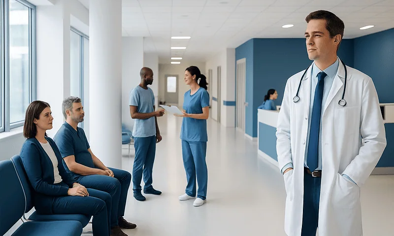 Medical consultation in a hospital corridor with doctor and patients.