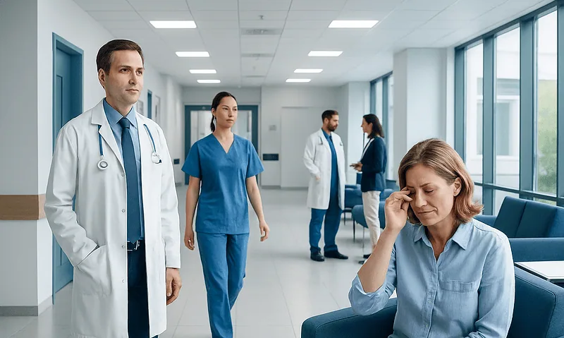 Patient experiencing eye discomfort in a hospital corridor with medical staff nearby.