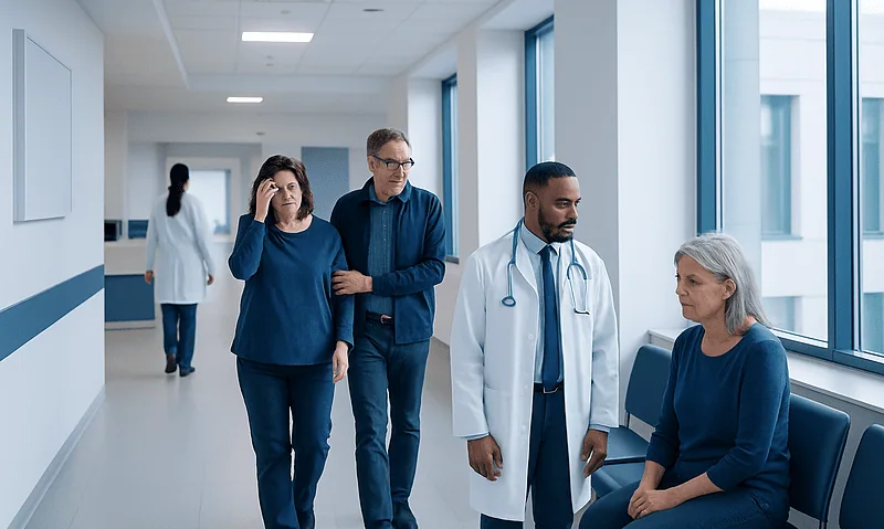 Hospital corridor with patients and medical staff, healthcare setting.
