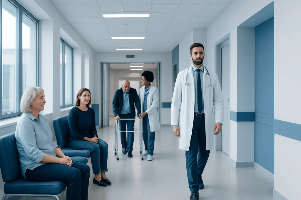 Huntington’s Disease: Who May Benefit From Specialist Support Early? 1 Medical team and patients in a hospital corridor.