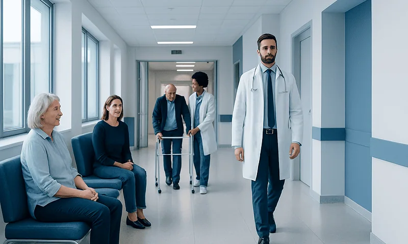Medical team and patients in a hospital corridor.