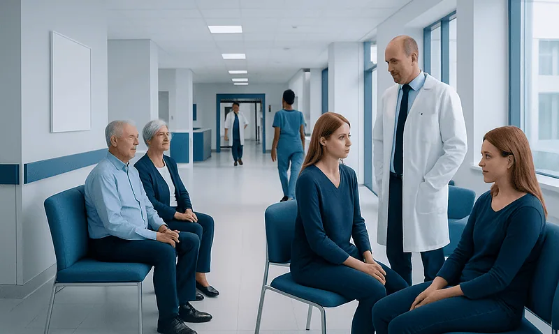 Doctor consulting with patients in a hospital corridor.