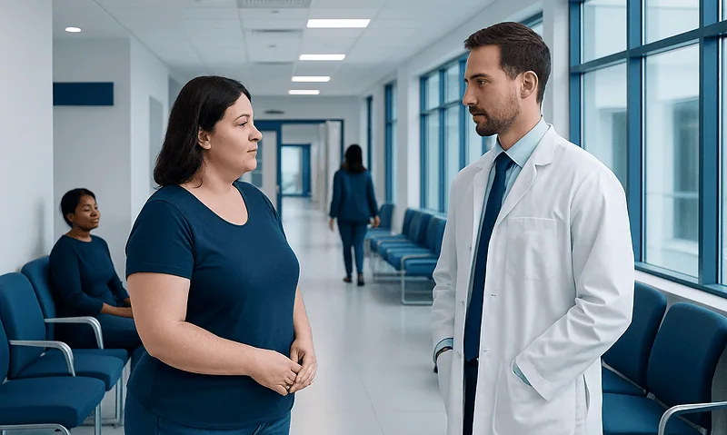 Patient consulting with doctor in hospital corridor for weight management.