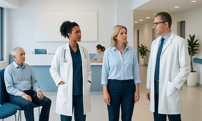Medical team discussing patient care in hospital lobby.