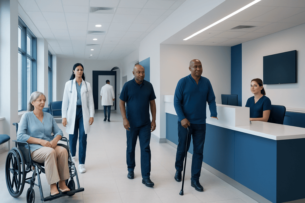 ALS vs Other Motor Neuron Diseases: What Symptoms Help Doctors Differentiate Them? 1 Hospital corridor with diverse medical staff and a patient in wheelchair.