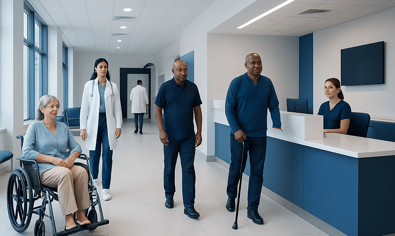 Hospital corridor with diverse medical staff and a patient in wheelchair.