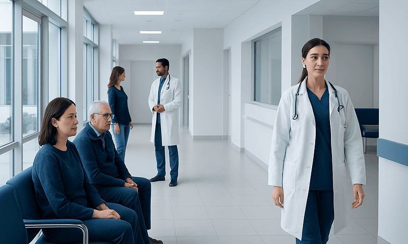 Medical consultation in a modern hospital corridor with doctors and patients.