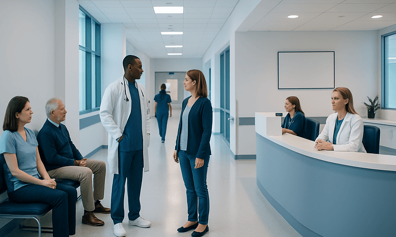 Medical team consulting patients in a modern hospital corridor.