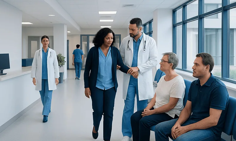 Medical team consulting with patient in hospital corridor at Acibadem Hospitals Group.