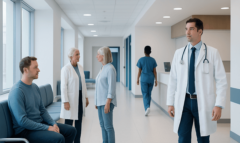 Doctor and patients in a hospital corridor during consultation.