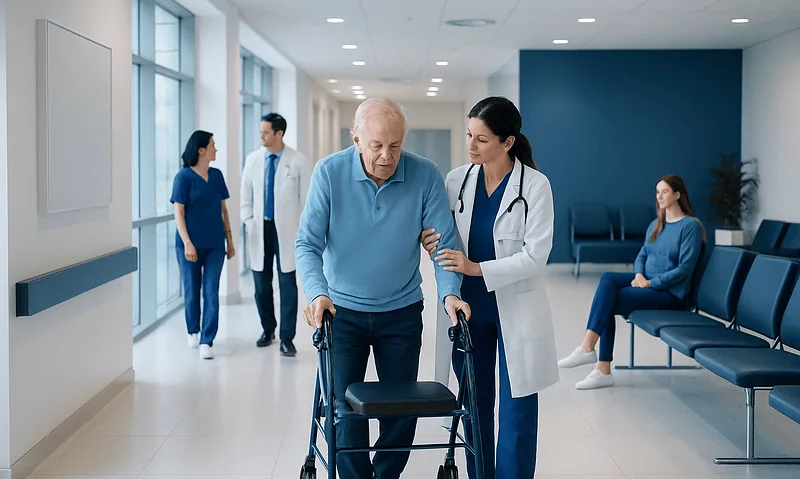 Elderly man with walker receiving assistance from a nurse in hospital corridor.