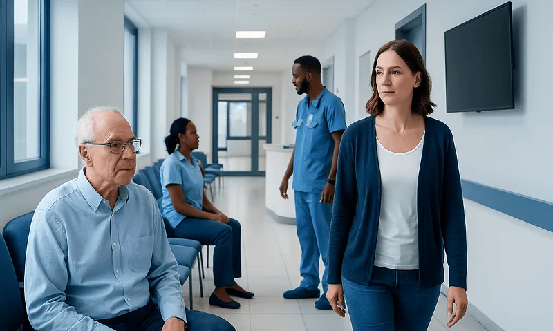 Patients and healthcare professionals in a hospital corridor.