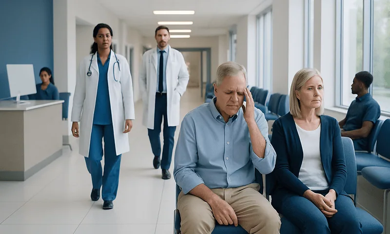 Patient experiencing headache in hospital waiting area with medical staff nearby.