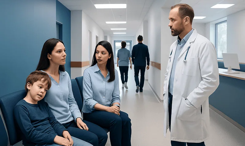 Pediatric patients and doctor in hospital corridor discussing health concerns.