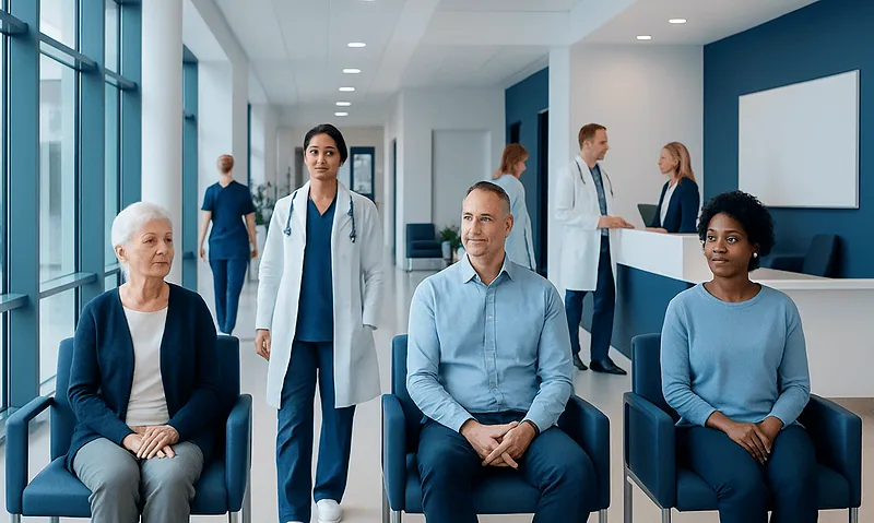 Patients waiting in a hospital corridor with medical staff nearby.