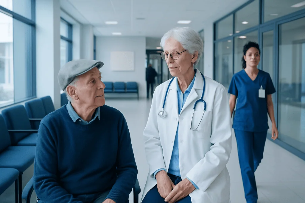 Brain Checkups in Older Adults: When a Second Opinion in Geriatric Neurology Helps 1 Older man consulting with a senior doctor in a hospital corridor.
