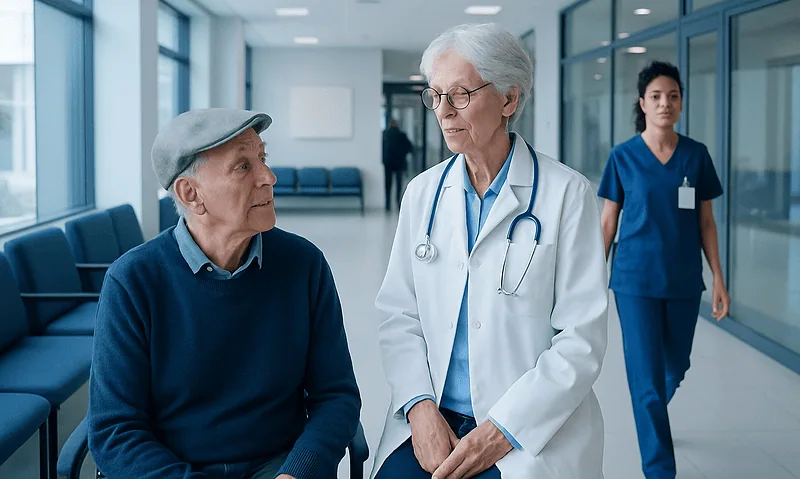 Older man consulting with a senior doctor in a hospital corridor.