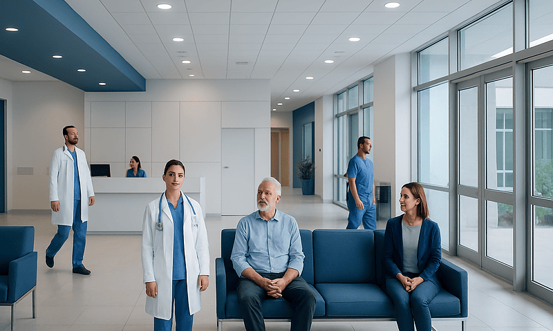 Medical staff and patient in a modern hospital waiting area.
