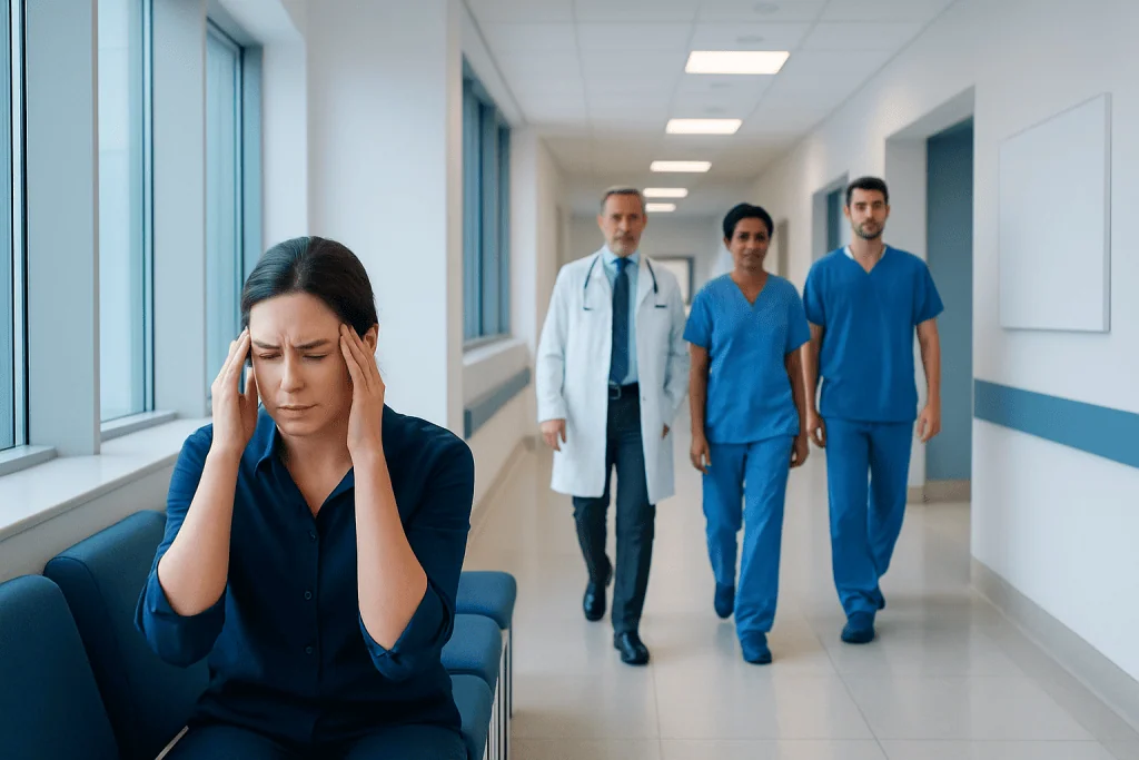 Headaches Behind the Eyes: When Neuro-Ophthalmology Is Needed 1 Woman with headache in hospital corridor with medical staff approaching.