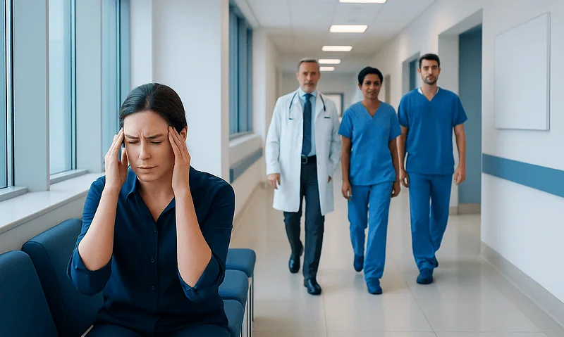 Woman with headache in hospital corridor with medical staff approaching.