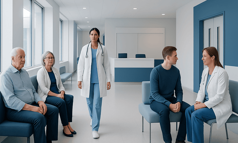 Medical consultation with elderly patients in a modern hospital waiting area.