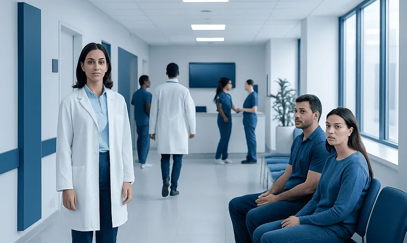 Medical staff and patients in a hospital corridor at Acibadem Hospitals Group.