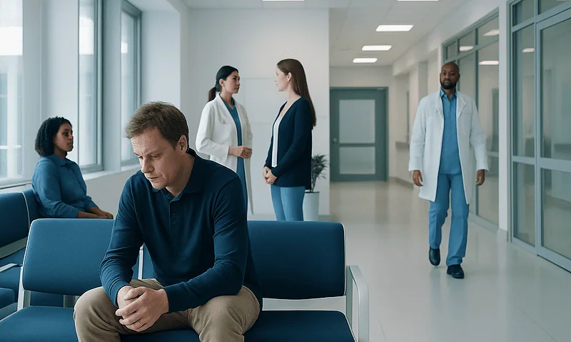 Patient waiting in a hospital corridor with medical staff nearby.