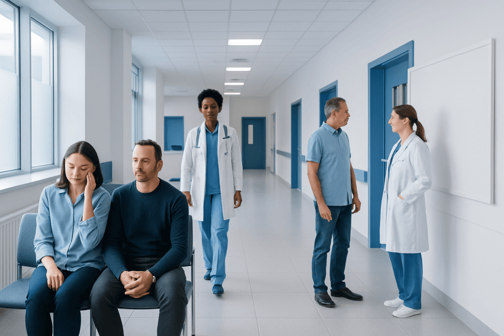 Vertigo With Ear Fullness: Could It Be Meniere’s Disease? 1 Patients waiting in a hospital corridor with medical staff nearby.
