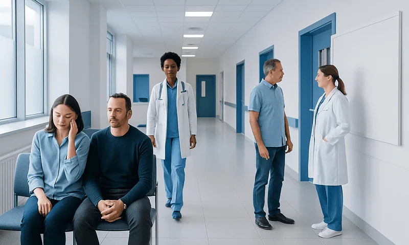 Patients waiting in a hospital corridor with medical staff nearby.