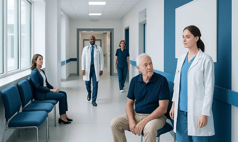 Medical consultation in hospital corridor with doctor and patient.