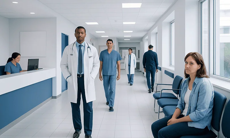 Medical professionals and patients in a modern hospital corridor.