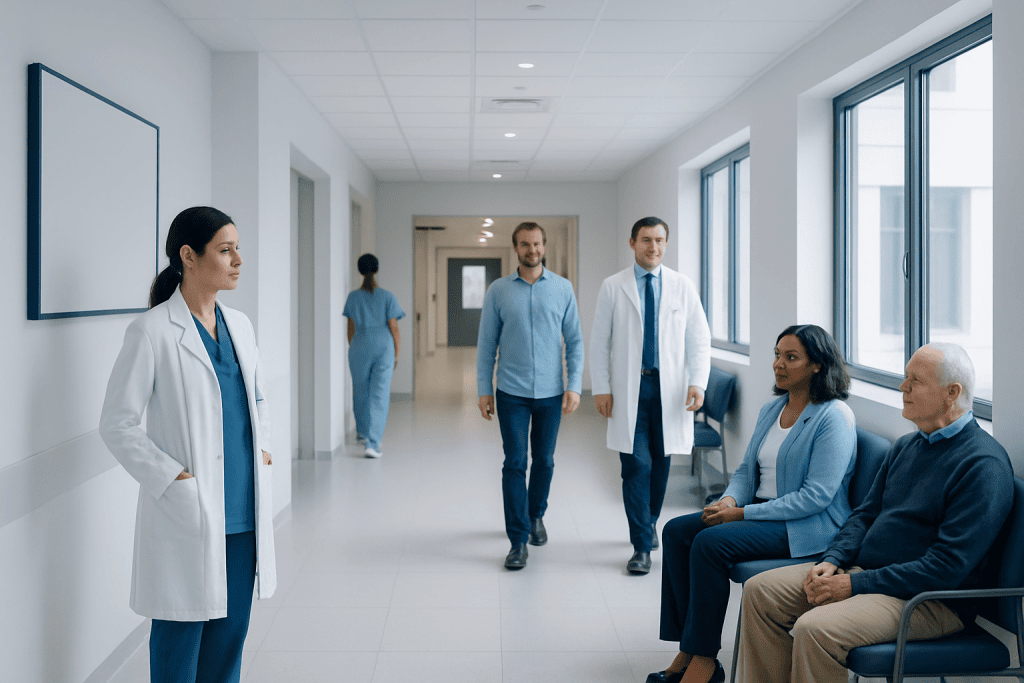 Neuroinfectious Diseases: Fever, Confusion, and Other Urgent Warning Signs 1 Medical team and patients in a hospital corridor at Acibadem Hospitals Group.
